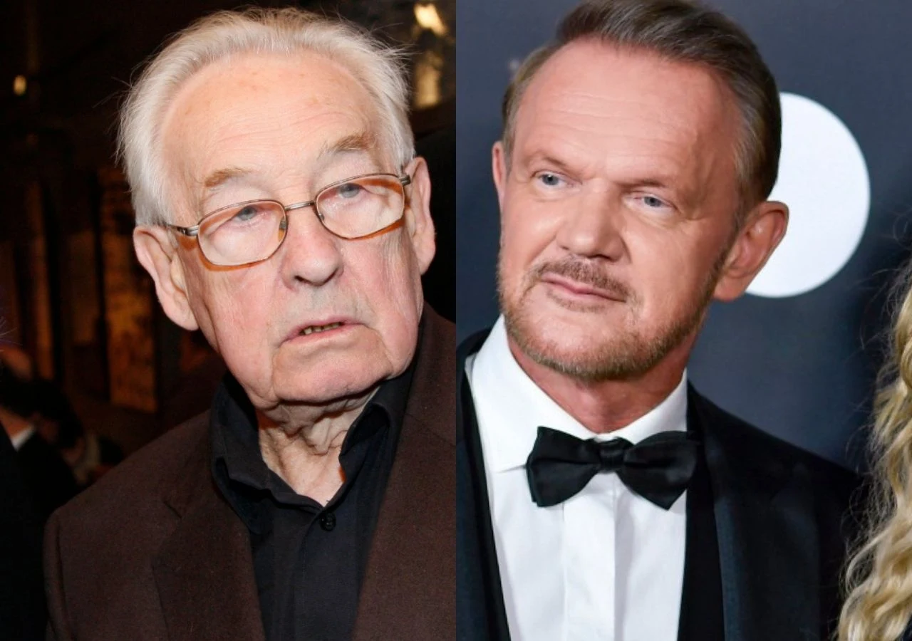 Andrzej Wajda i Cezary Pazura Reżyser Andrzej Wajda i aktor Cezary Pazura w kadrze. Obaj elegancko ubrani.
