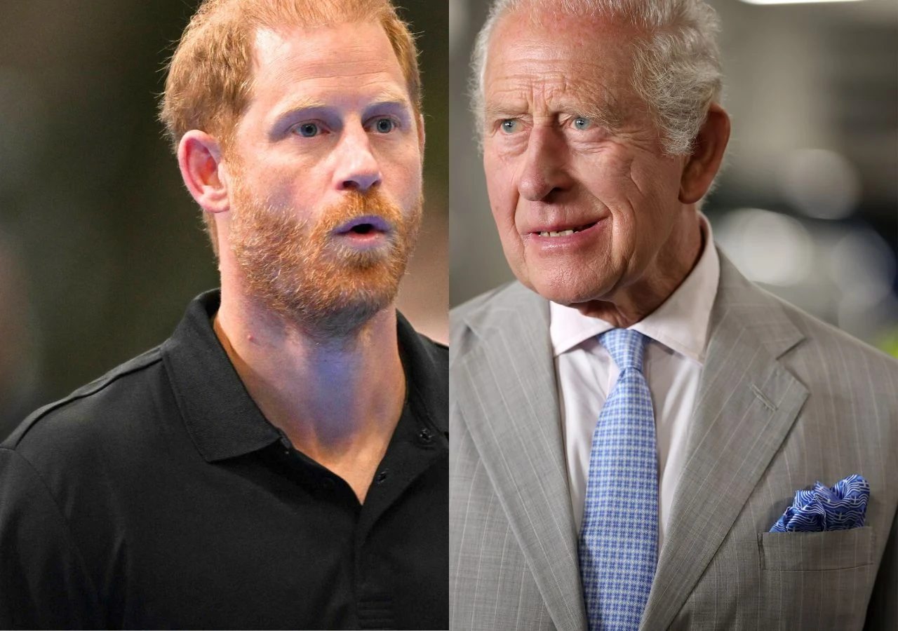 książę Harry i król Karol III Portret księcia Harry'ego w czarnej koszulce oraz króla Karola III w szarym garniturze.