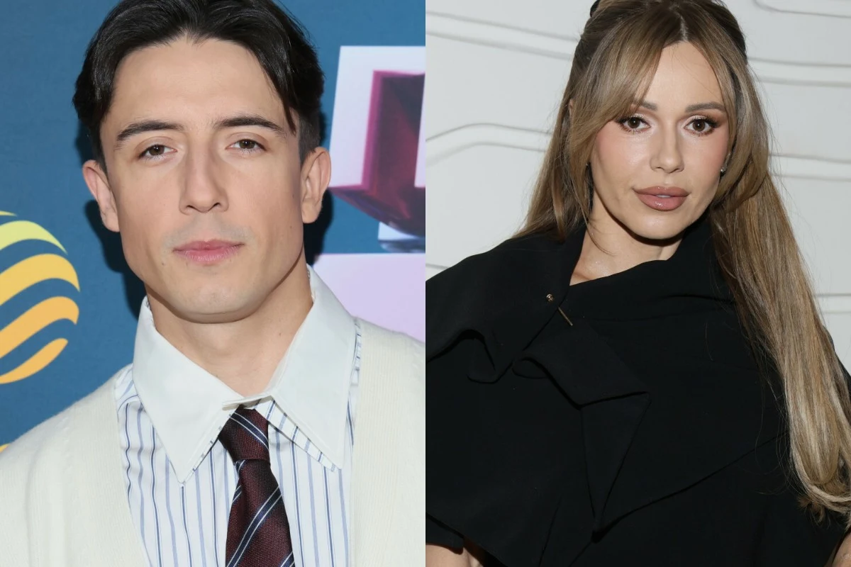 Dawid Kwiatkowski i Doda Dawid Kwiatkowski w eleganckiej koszuli i Doda w czarnej stylizacji zapowiadają.