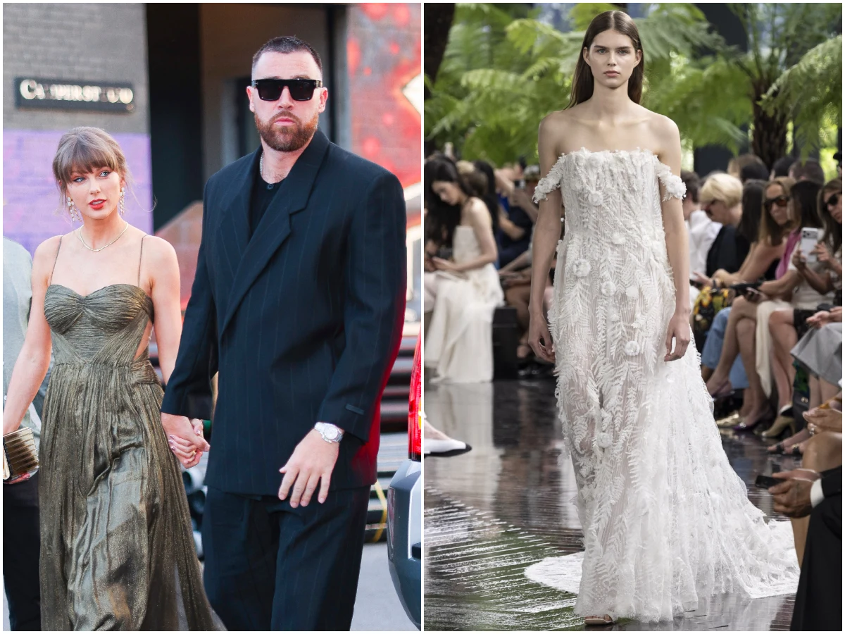 Para trzymająca się za ręce, ubrana w eleganckie stroje wieczorowe, obok modelka w białej, koronkowej sukni z opuszczonymi ramionami podczas pokazu mody.