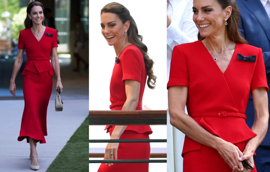 Księżna Kate w oryginalnej kreacji Elegancka kobieta w czerwonej sukience midi z krótkim rękawem i ozdobną kokardą, niosąca jasną torebkę na tle miejskiej przestrzeni.