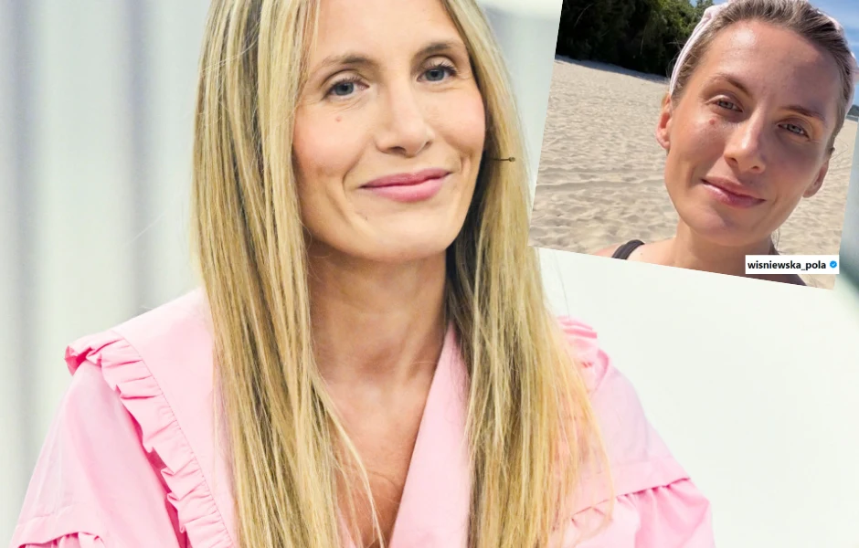 Pola Wiśniewska na wakacjach Kobieta o długich blond włosach w jasnoróżowej bluzce z falbanami oraz jej zbliżenie na tle piasku i zieleni, z opaską na głowie.