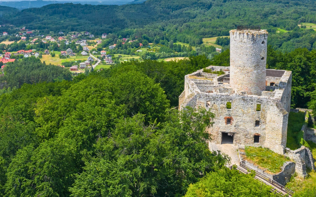 Zamek Lipowiec z dobrze zachowaną wieżą górujący nad zalesionym wzgórzem, w tle rozciągają się rozproszone zabudowania i zielone pola.