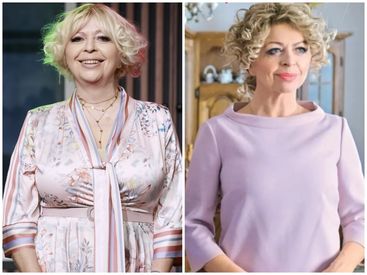 Violetta Arlak, fot. https://www.instagram.com/ranczo.tvp/ Violetta Arlak w pastelowej stylizacji oraz druga kobieta w jasnoróżowej bluzce na planie serialu Ranczo.