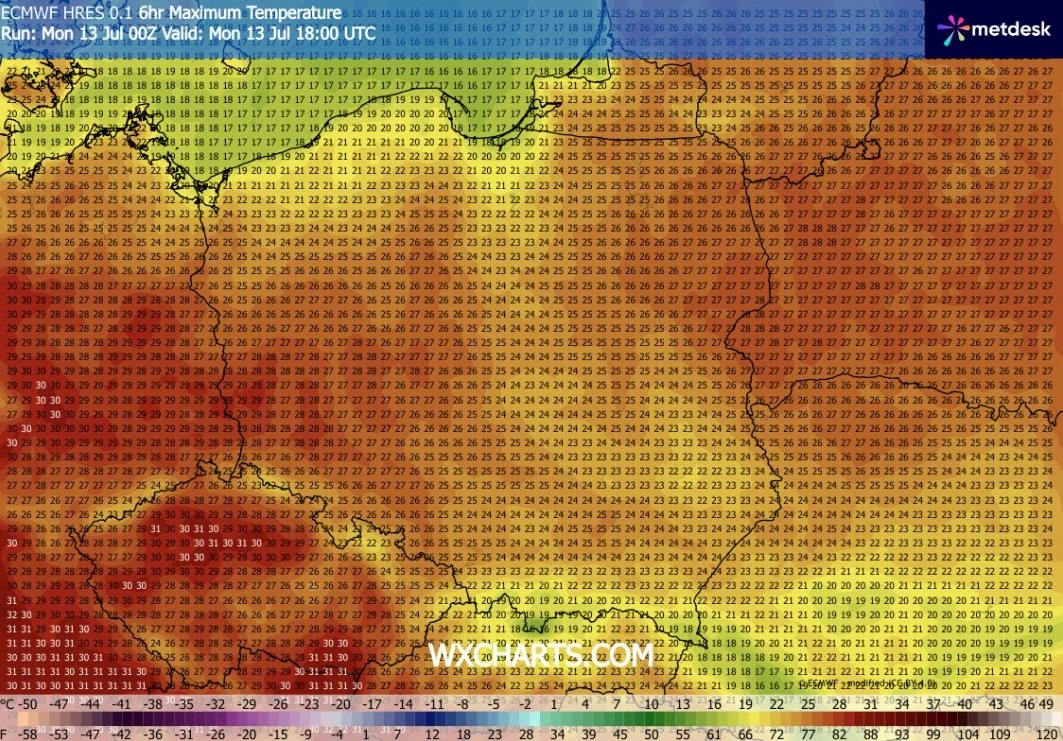 Na zachodzie miejscami zrobi się niemal upalnie, podczas gdy nad samym morzem będzie w okolicach 20 stopni Mapa Polski z rozkładem prognozowanych temperatur maksymalnych, przedstawiająca wysokie wartości w całym kraju, szczególnie w południowo-zachodniej części, gdzie temperatury przekraczają 33°C.