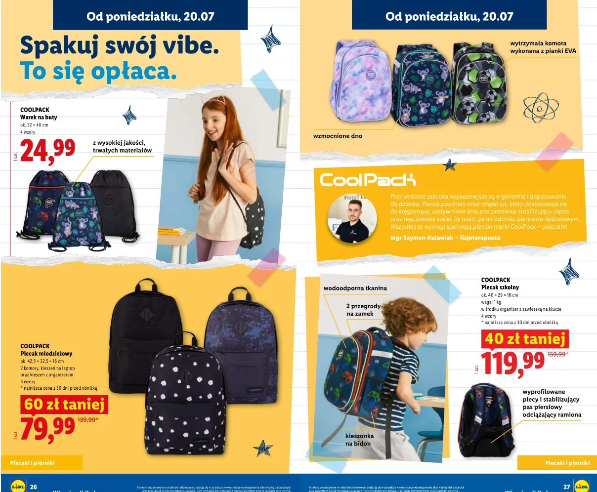 Kolorowe plecaki szkolne dla dzieci i młodzieży, ułożone w rzędach, prezentowane wraz z cenami promocyjnymi i opisami cech takich jak wzmocnione dno, wygodne szelki oraz wodoodporność; obok uśmiechnięte dzieci prezentujące plecaki na plecach.