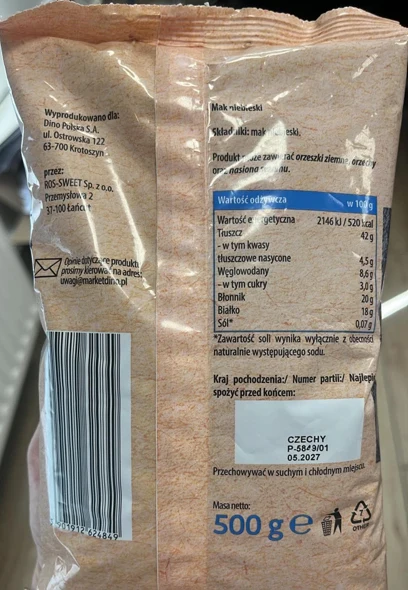 Opakowanie maku niebieskiego o wadze 500 g z czytelną tabelą wartości odżywczych, informacją o składzie, producentem, krajem pochodzenia oraz widocznym kodem kreskowym.