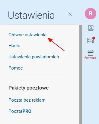 Panel ustawień z wyróżnioną sekcją 'Główne ustawienia' oraz widocznymi ikonami użytkownika, wiadomości i promocji po prawej stronie.