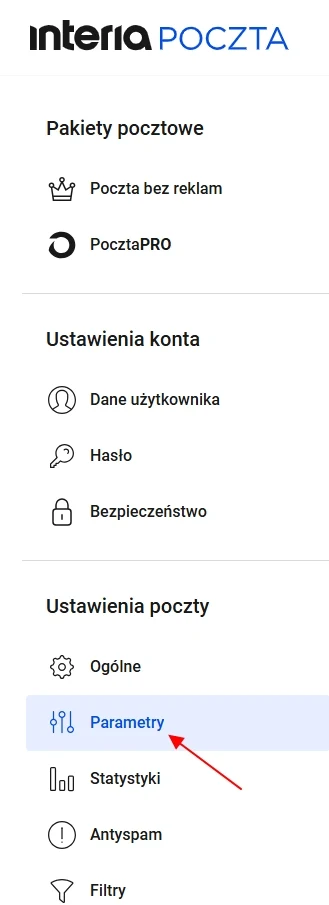 Menu ustawień poczty Interia z wyróżnioną sekcją „Parametry” oraz widocznymi kategoriami: pakiety pocztowe, ustawienia konta i ustawienia poczty.