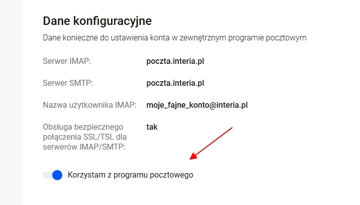 Sekcja ustawień konta pocztowego z widocznymi adresami serwerów IMAP i SMTP, nazwą użytkownika, informacją o bezpiecznym połączeniu oraz zaznaczoną opcją korzystania z programu pocztowego.