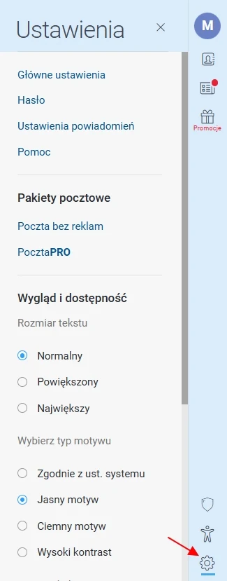 Panel ustawień skrzynki pocztowej z widocznymi opcjami zmiany hasła, powiadomień, pakietów pocztowych oraz możliwością wyboru rozmiaru tekstu i motywu wyświetlania, zaznaczonym jasnym motywem.