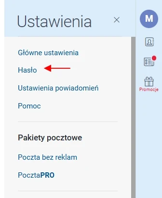Menu ustawień skrzynki pocztowej z wyróżnioną opcją zmiany hasła oraz widocznymi kategoriami, takimi jak główne ustawienia, ustawienia powiadomień i pakiety pocztowe.
