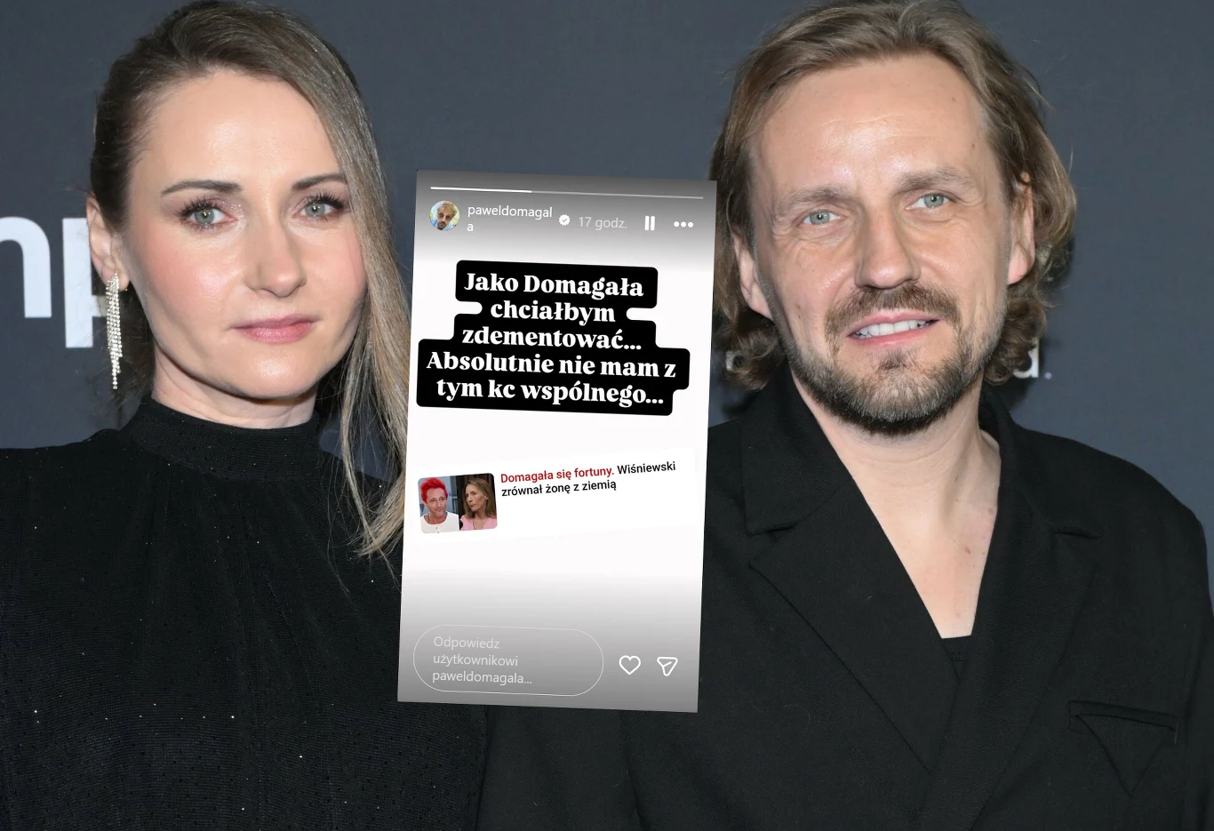 Kobieta i mężczyzna ubrani elegancko stoją obok siebie na tle grafiki z napisem oraz wstawioną na środku fotografią z komentarzem dotyczącym dementowania informacji.