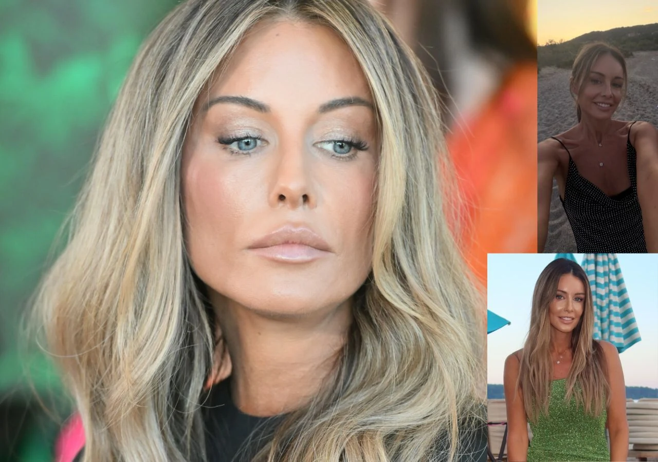Małgorzata Rozenek na wakacjach na Lazurowym Wybrzeżu Kobieta o długich blond włosach i jasnych oczach w makijażu, na dużym zbliżeniu, z dwoma mniejszymi zdjęciami tej samej osoby — jedno na plaży, drugie w zielonej sukience na tle nadmorskiego pejzażu.