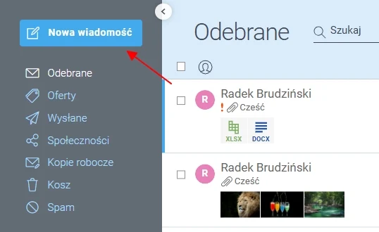 Panel skrzynki odbiorczej poczty elektronicznej z zaznaczonym przyciskiem tworzenia nowej wiadomości oraz wyświetloną listą odebranych e-maili zawierających załączniki w postaci dokumentów i zdjęć.