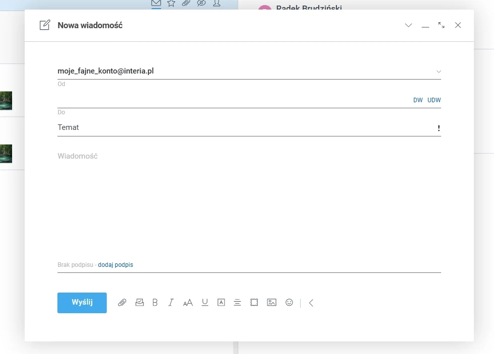 Okno tworzenia nowej wiadomości e-mail z wypełnionym polem nadawcy oraz pustymi polami odbiorcy, tematu i treści, gotowe do dalszej edycji.