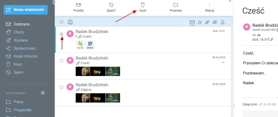 Widok skrzynki odbiorczej e-mail z wyróżnioną wiadomością od Radka Brudzińskiego, wyświetlonym podglądem treści po prawej stronie oraz listą folderów po lewej stronie.