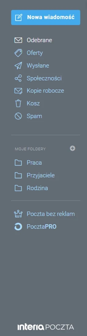 Menu boczne skrzynki pocztowej z wyróżnionym przyciskiem do tworzenia nowej wiadomości oraz listą folderów, takich jak Odebrane, Oferty, Wysłane, Społeczności, Kopie robocze, Kosz, Spam, a także folderami użytkownika Praca, Przyjaciele i Rodzina, wraz ...