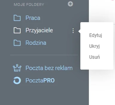 Panel boczny skrzynki pocztowej z folderami Praca, Przyjaciele i Rodzina oraz rozwiniętym menu opcji edycji folderu Przyjaciele.