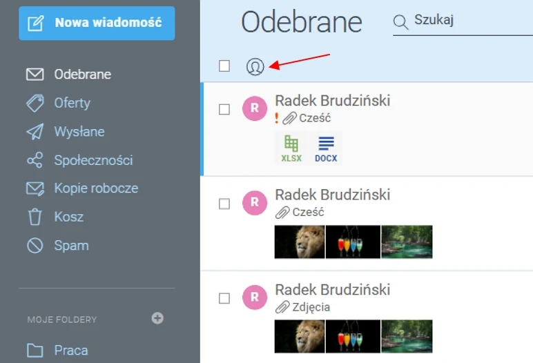 Widok skrzynki odbiorczej w serwisie pocztowym z trzema wiadomościami e-mail od Radka Brudzińskiego, z których jedna zawiera załączniki XLSX i DOCX, a pozostałe zdjęcia w postaci miniatur.