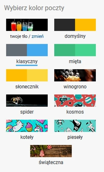Kolorowe przyciski wyboru motywu poczty z wizualnymi miniaturami różnych stylów, w tym motywów jednokolorowych i graficznych z motywami zwierzęcymi, świątecznymi oraz abstrakcyjnymi.