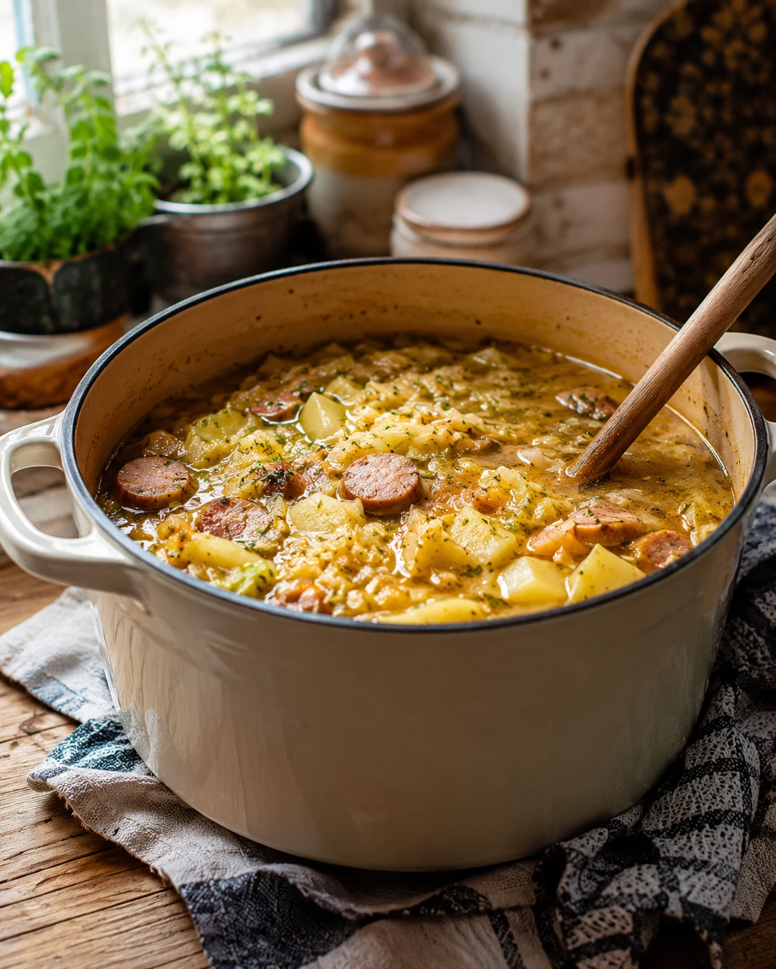 Garnkowa zupa z widocznymi kawałkami kiełbasy, ziemniaków, kapusty i marchewki, gotowana w kremowo-żółtym bulionie z przyprawami, ustawiona na kuchennym blacie obok lnianej ściereczki.