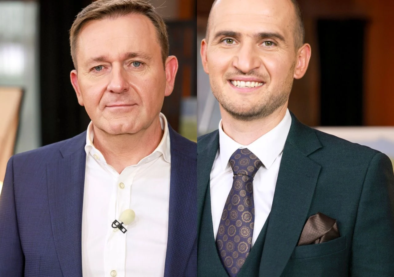 Sebastian Laskowski i Rafał Gajda w "Rolnik szuka żony" Sebastian Laskowski i Rafał Gajda, uczestnicy 11. edycji programu Rolnik szuka żony, w garniturach.