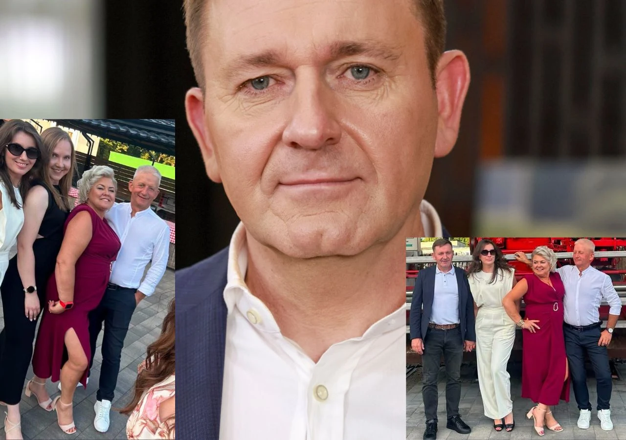 Uczestnicy z 11. sezonu "Rolnik szuka żony" z partnerkami i partnerami Zbliżenie twarzy mężczyzny w jasnej koszuli i marynarce, obok którego znajdują się mniejsze kadry z tej samej osoby z kobietami w eleganckich strojach, pozujących razem na tle miejskim.
