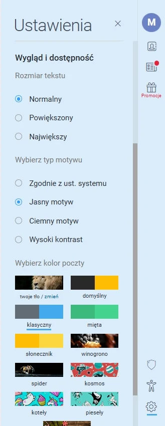 Panel ustawień z opcjami zmiany rozmiaru tekstu, wyboru trybu motywu oraz koloru poczty, prezentujący dostępne motywy i kolory w formie wyróżnionych przycisków i podglądów.