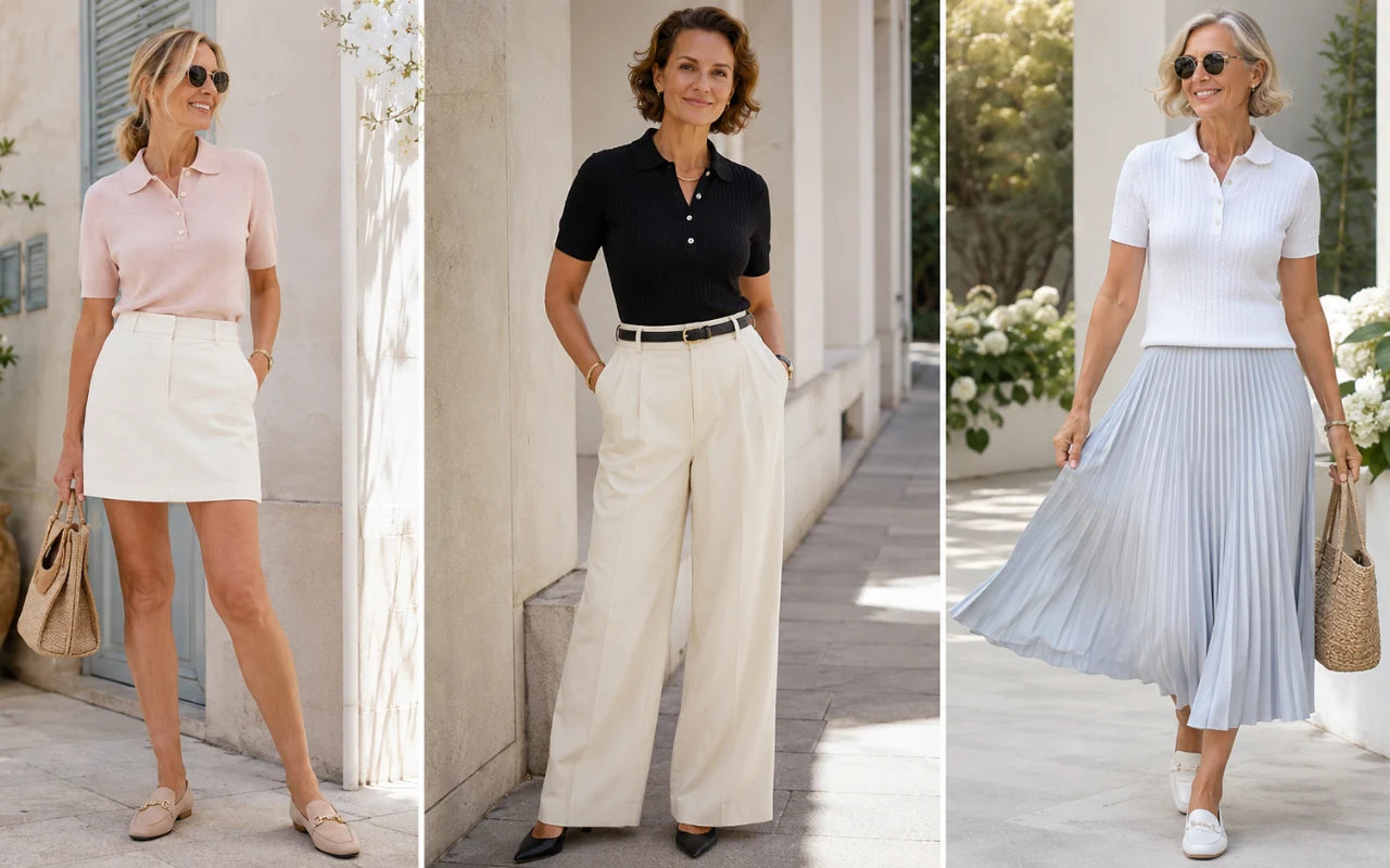 Trzy kobiety w letnich stylizacjach: jasnoróżowa koszulka polo ze spódnicą mini i espadrylami, czarna koszulka polo ze spodniami z szerokimi nogawkami i balerinami oraz biała koszulka polo z plisowaną, błękitną spódnicą midi i białymi mokasynami; każda...