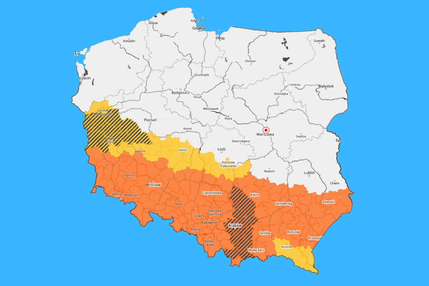 Burze z ulewami we wtorek opanują południową połowę Polski. Miejscami mogą powodować podtopienia Mapa Polski z oznaczonym południowym pasem województw w kolorze pomarańczowym i żółtym, wyróżnionymi regionami z czarnym cieniowaniem w części południowo-zachodniej oraz południowo-wschodniej, sugerującymi obszary objęte ostrzeżeniem lub szczególnymi w...
