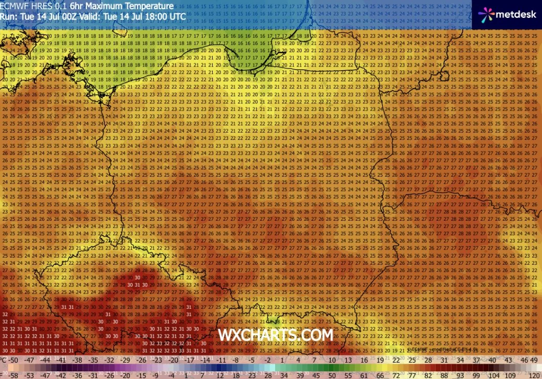 We wtorek w ciągu dnia wszędzie będzie co najmniej 20 stopni Celsjusza - prognozuje IMGW Mapa Polski z naniesionymi prognozowanymi maksymalnymi temperaturami powietrza na tle w odcieniach żółci, pomarańczu i czerwieni, wskazującymi upały sięgające powyżej 30°C, z najwyższymi wartościami na południowym zachodzie kraju.