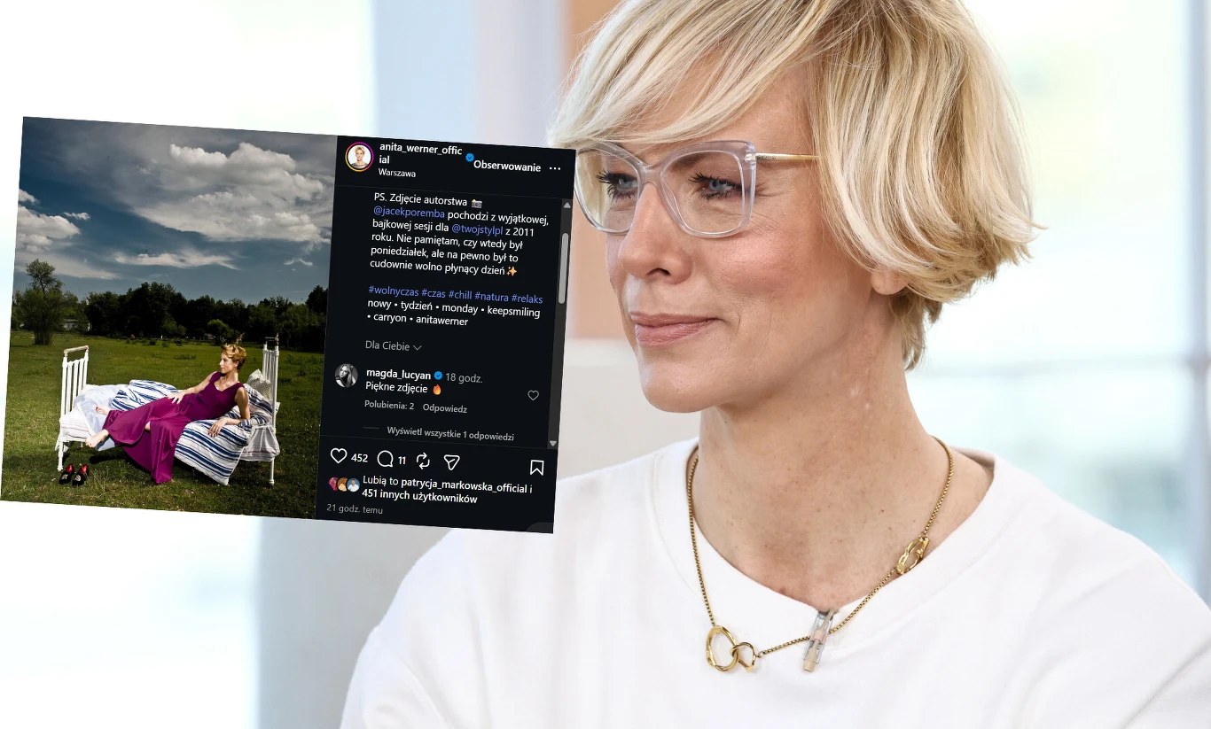 Anita Werner zamieściła zaskakujące zdjęcie. Jej radość była ogromna /https://www.instagram.com/anita_werner_official/ Kobieta o jasnych włosach i w przezroczystych okularach nosi biały t-shirt oraz złoty naszyjnik, a po lewej stronie widoczny jest fragment zdjęcia z kobiecą sylwetką leżącą na łóżku ustawionym na trawie, pod pochmurnym niebem.