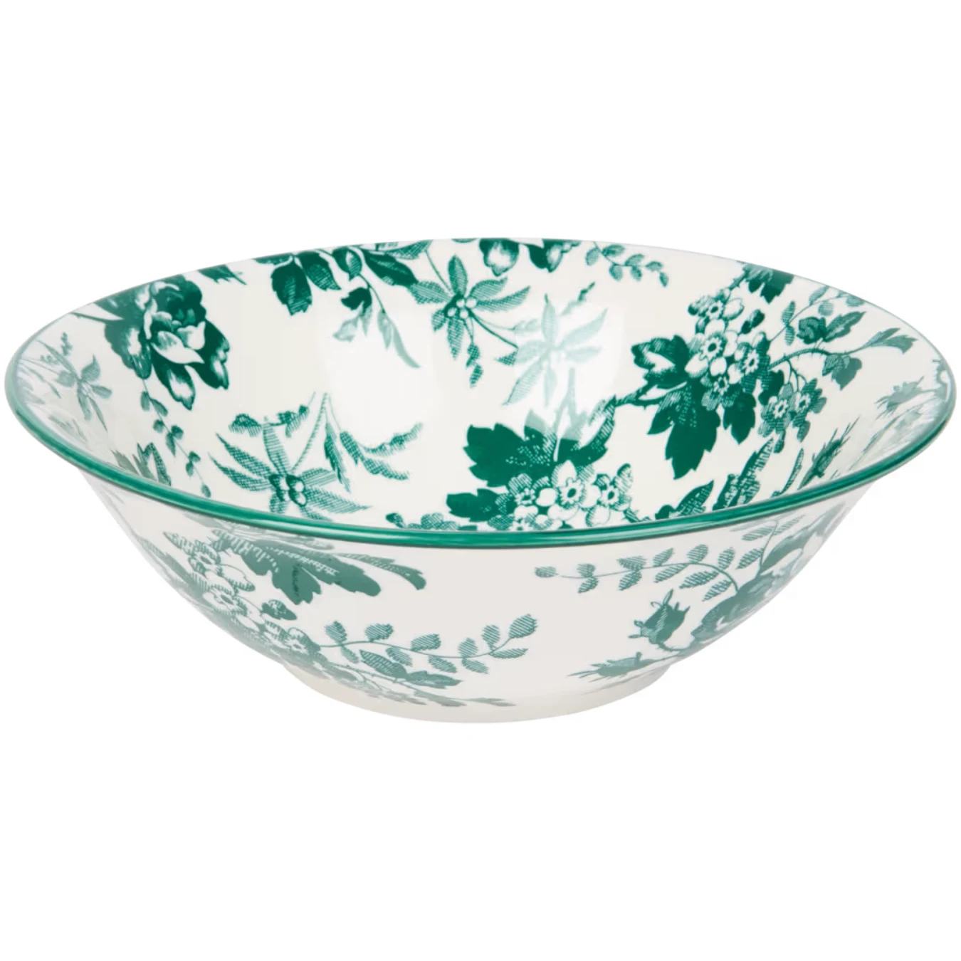 Porcelanowa miska w białym kolorze z zielonym, kwiatowym wzorem na całej powierzchni.