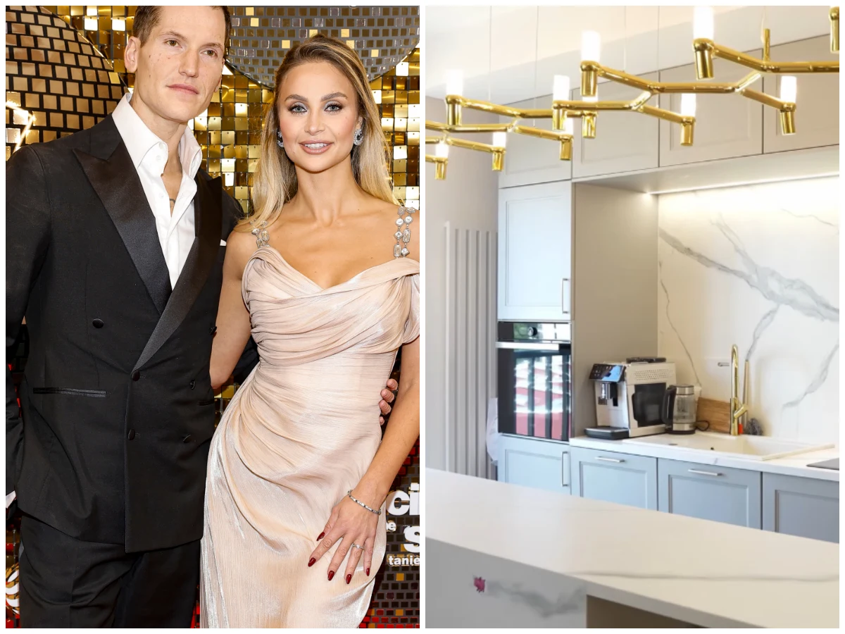 Elegancka para w wieczorowych strojach na tle złotej, błyszczącej ścianki oraz nowoczesna kuchnia z marmurowym wykończeniem i designerskim oświetleniem sufitowym.