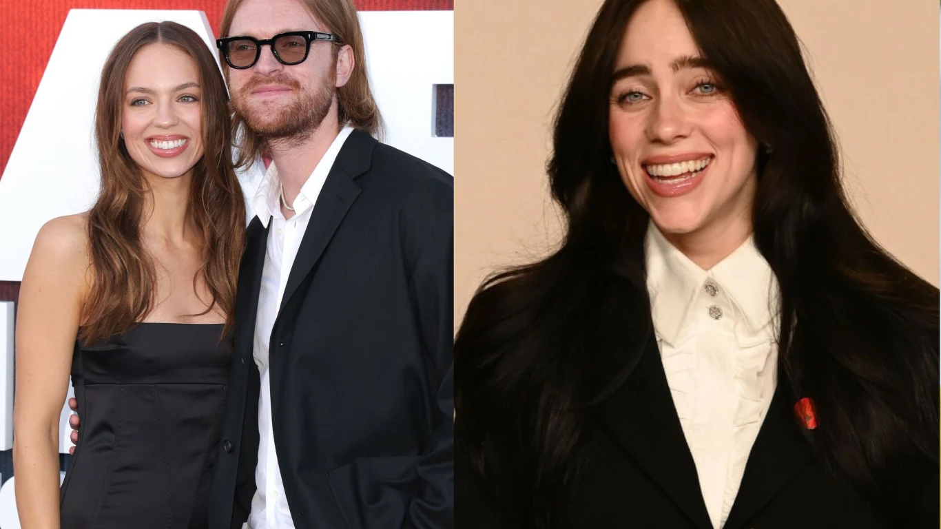 Claudia Sulewski, Finneas O'Connell i Billie Eilish Claudia Sulewski, Finneas O'Connell i Billie Eilish pozujący do wspólnego zdjęcia w eleganckich stylizacjach.