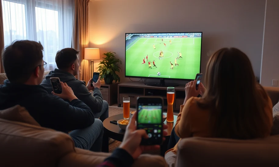 Domówka na finał Mundialu 2026 — mecz na ekranie i przekąski z gazetek Znajomi na kanapie oglądają mecz piłkarski na dużym telewizorze z przekąskami na stoliku