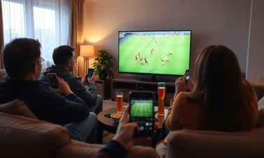 Znajomi na kanapie oglądają mecz piłkarski na dużym telewizorze z przekąskami na stoliku