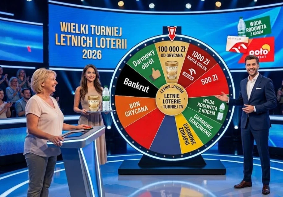 Letnie loterie 2026 — zakręć kołem nagród przy zakupach Koło fortuny w studiu teleturnieju z nagrodami letnich loterii: 100 000 zł od Grycana, karta Orlen 1000 zł i woda Rodowita z kodem