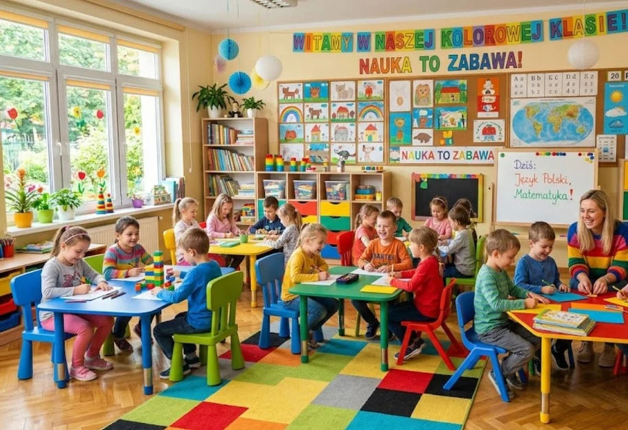 Wyprawka szkolna 2026 — dzieci w klasie na starcie roku szkolnego Dzieci piszące w zeszytach w kolorowej klasie z balonami — początek roku szkolnego 2026