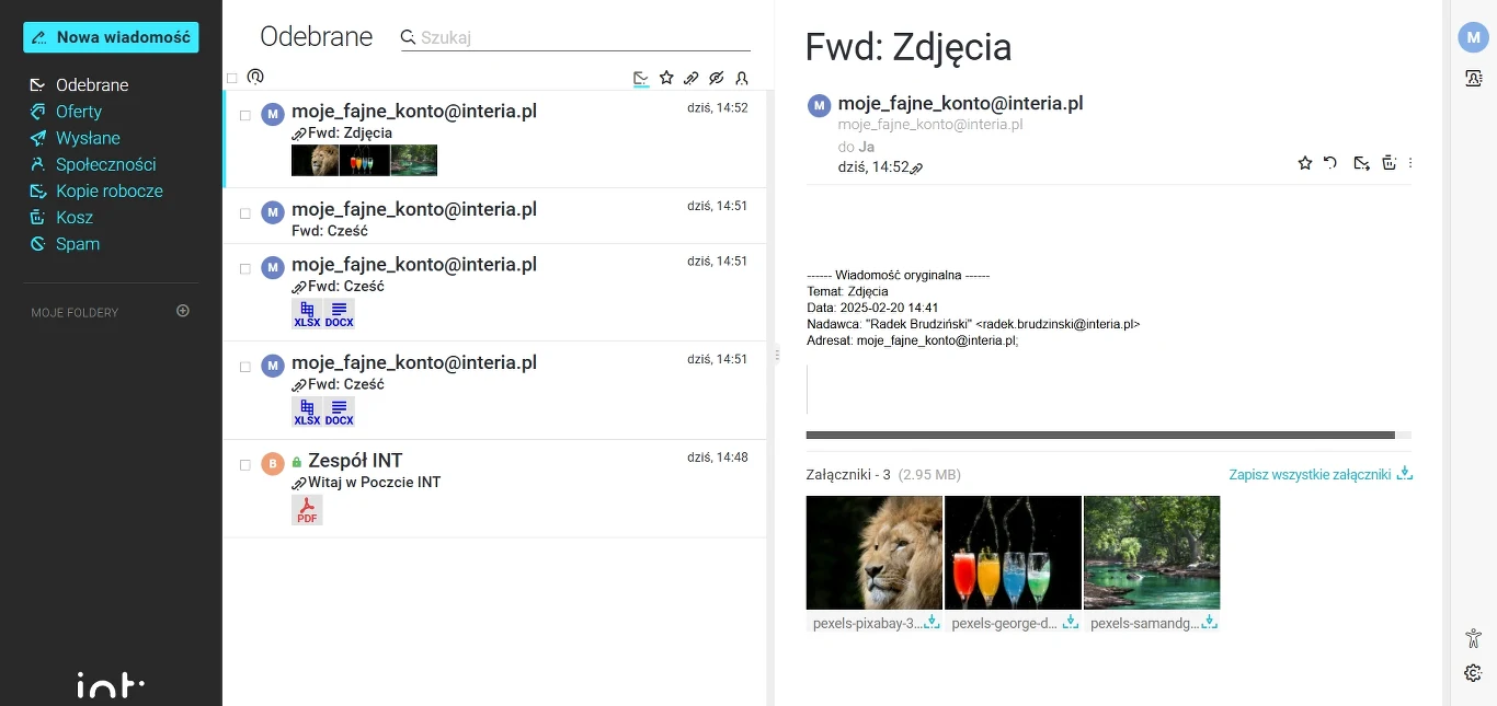 Zrzut ekranu skrzynki mailowej z podglądem wiadomości e-mail, w której widoczne są trzy miniatury zdjęć: lew, kolorowe napoje w szklankach oraz basen otoczony zielenią.