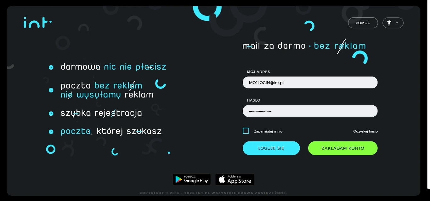 Czarny interfejs z opcją logowania i zakładania konta, listą zalet darmowej poczty oraz przyciskami pobrania aplikacji mobilnej Google Play i App Store.