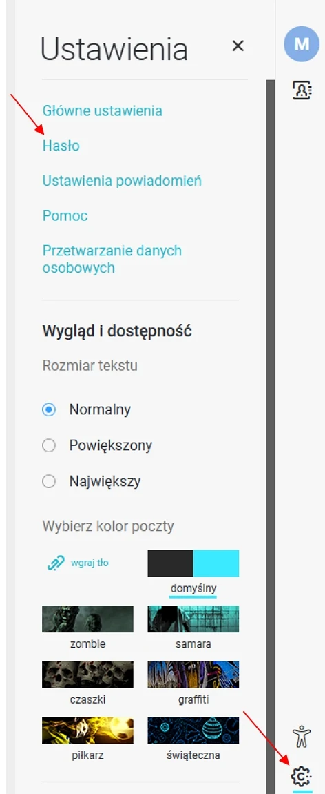 Panel ustawień konta z widocznymi opcjami zmiany głównych ustawień, hasła, powiadomień, przetwarzania danych oraz możliwością wyboru rozmiaru tekstu i motywu graficznego poczty.