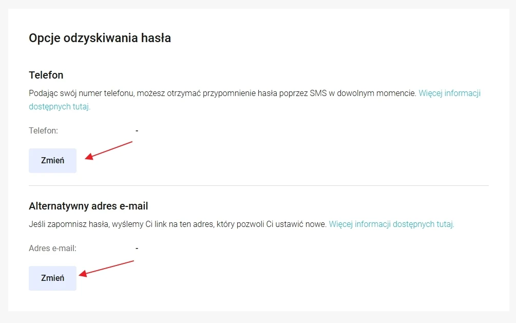 Sekcja opcji odzyskiwania hasła, w której można edytować numer telefonu oraz alternatywny adres e-mail przy użyciu przycisków 'Zmień'.