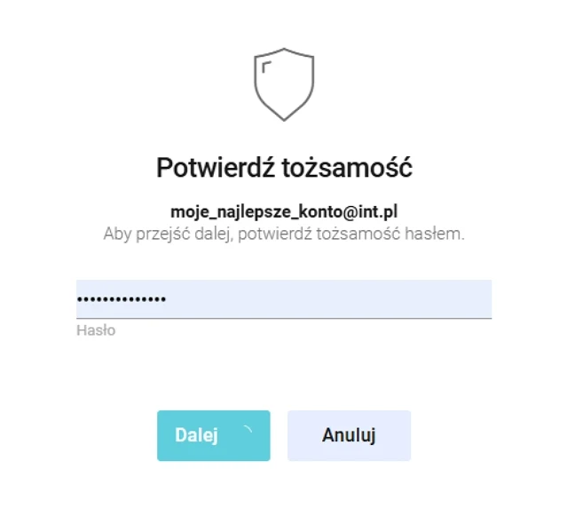 Formularz do potwierdzenia tożsamości z polem na hasło, adresem e-mail oraz przyciskami 'Dalej' i 'Anuluj'.