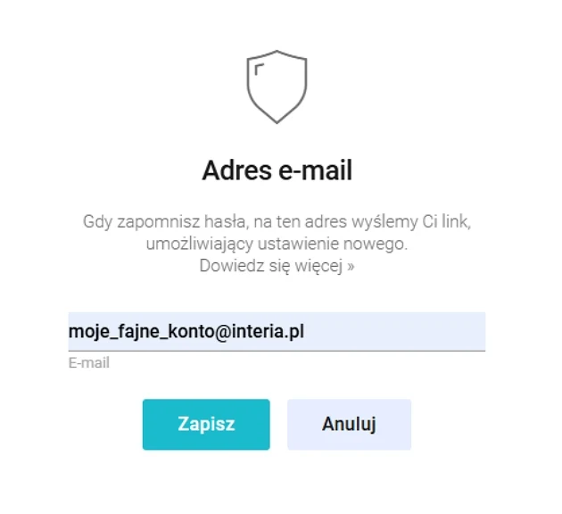 Formularz zmiany adresu e-mail z wypełnionym polem oraz widocznymi przyciskami Zapisz i Anuluj.