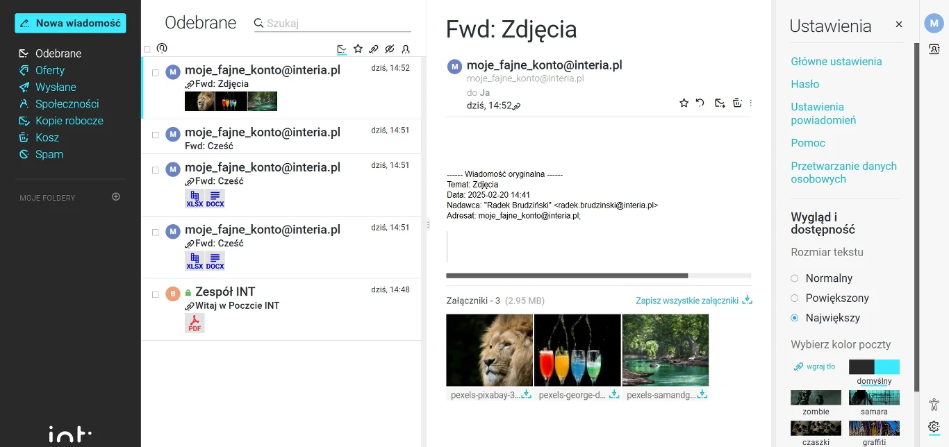 Widok skrzynki odbiorczej poczty e-mail z otwartą wiadomością zawierającą zdjęcia przedstawiające lwa oraz cztery kolorowe drinki ustawione na tle basenu i zieleni.