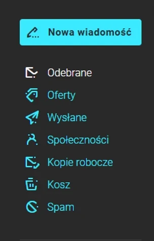 Panel boczny skrzynki pocztowej z ikonami i kategoriami wiadomości, w tym skrót do tworzenia nowej wiadomości oraz foldery takie jak odebrane, oferty, wysłane, społeczności, kopie robocze, kosz i spam.