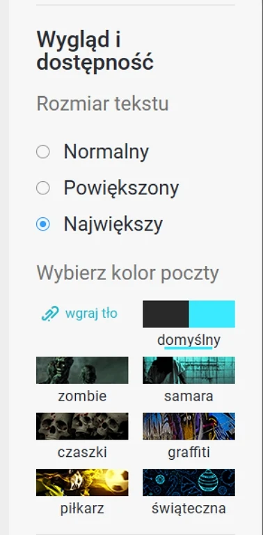 Panel ustawień wyglądu i dostępności z opcjami wyboru rozmiaru tekstu oraz koloru poczty, uzupełniony o sześć miniatur tematycznych tła do wyboru, takich jak zombie, samara, czaszki, graffiti, piłkarz i świąteczna.