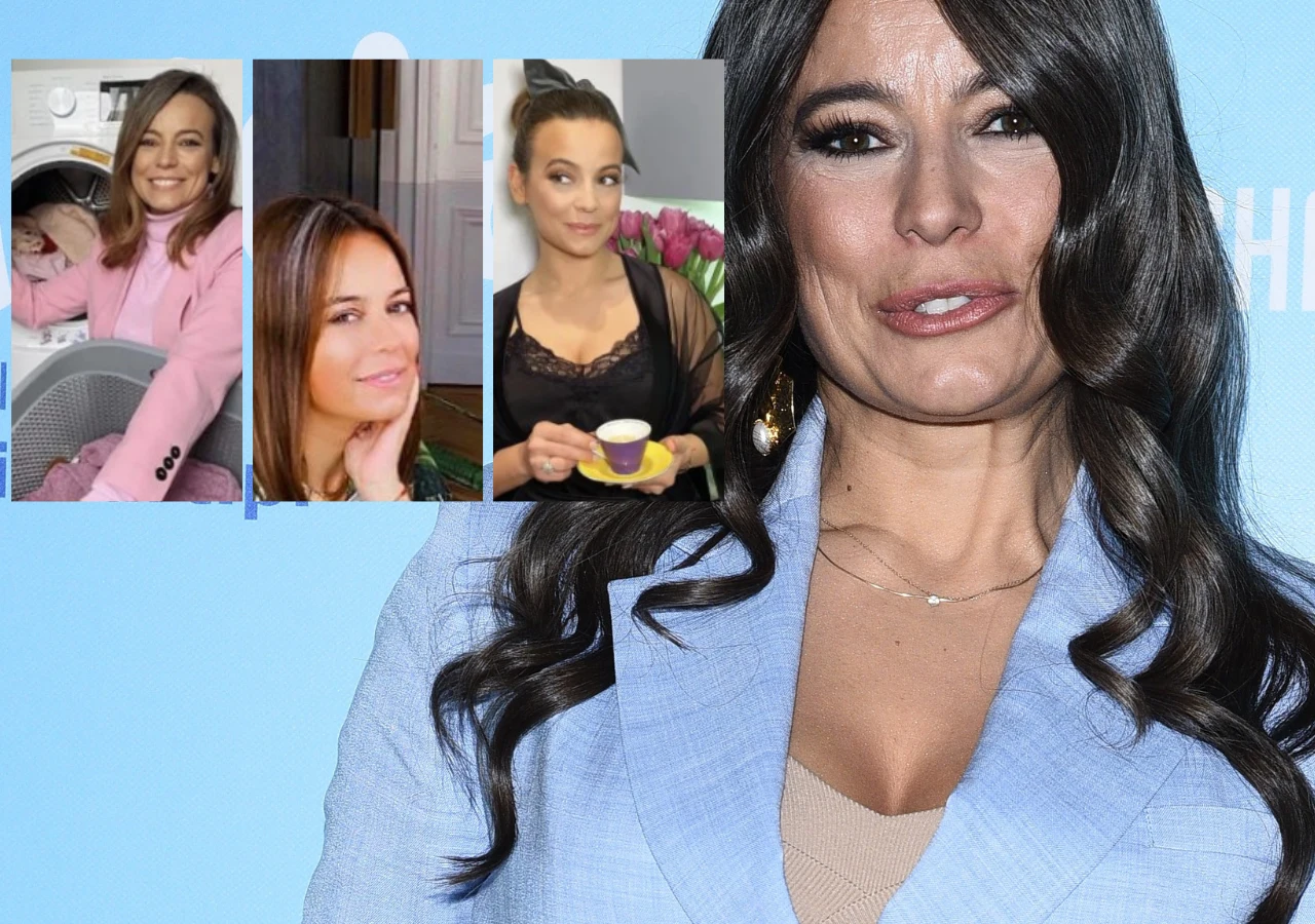 Anna Mucha Kobieta w niebieskim żakiecie stoi na tle jasnoniebieskiej ścianki, obok widoczne są trzy mniejsze fotografie tej samej osoby w różnych codziennych sytuacjach.